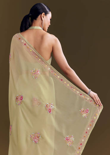 Green Georgette Saree With Kashmiri Bud Embroidery