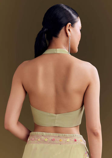 Green Georgette Saree With Kashmiri Bud Embroidery