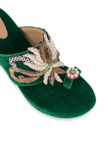 Green Hand Embellished Velvet Wedges