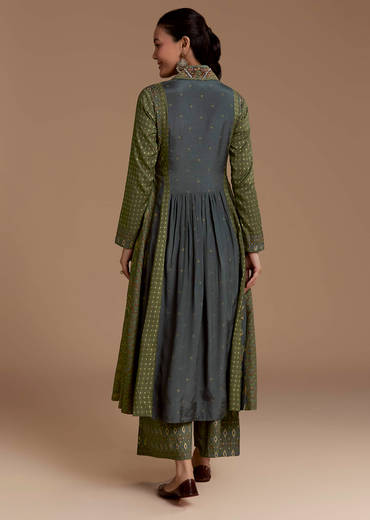 Green Indie Print Cotton Kurta Set with Thread Work