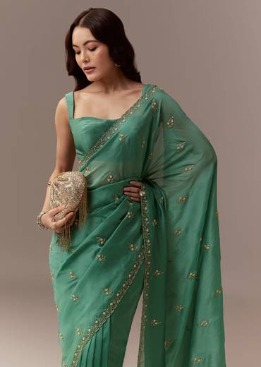 Green Kora Silk Saree With Cutdana Beads And Stone Embroidery
