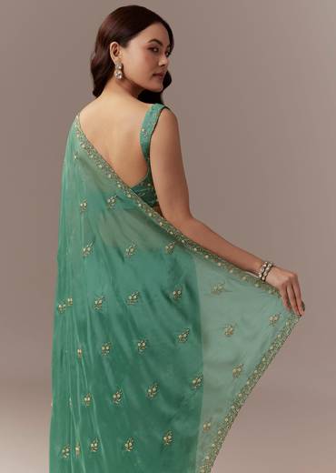 Green Kora Silk Saree With Cutdana Beads And Stone Embroidery