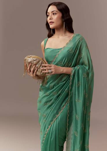 Green Kora Silk Saree With Cutdana Stones And Leaf Motif Embroidery