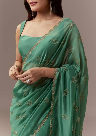 Green Kora Silk Saree With Cutdana Stones And Leaf Motif Embroidery