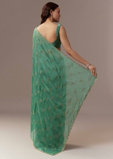 Green Kora Silk Saree With Cutdana Stones And Leaf Motif Embroidery