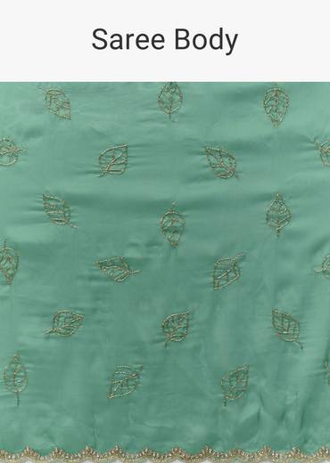 Green Kora Silk Saree With Cutdana Stones And Leaf Motif Embroidery