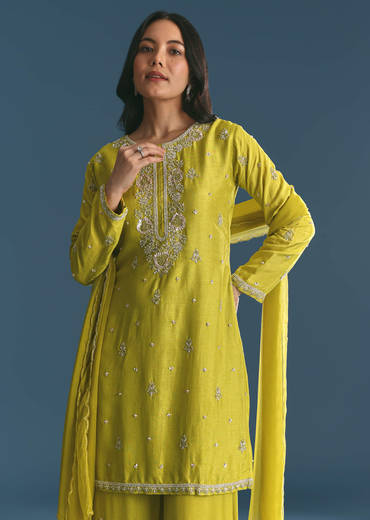 Green Kurta Palazzo Set With Sequins Embroidery