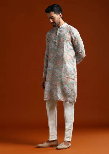 Green Kurta Set For Men With Kantha Work
