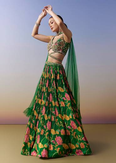 Green Lehenga With Floral Print And Sequins Moti Cut Dana Work
