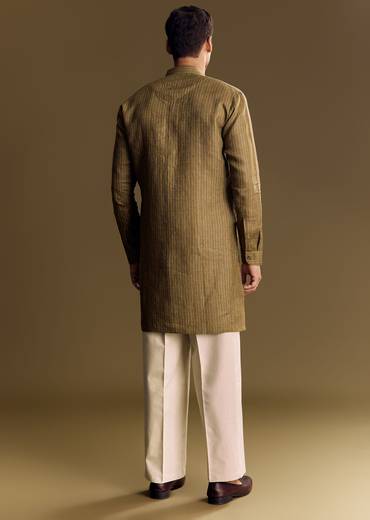 Green Linen Kurta Set With Hand Embroidered Detailing