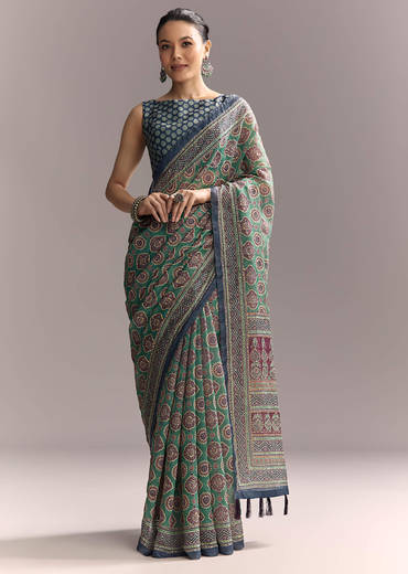 Green Linen Saree With Authentic Ajrakh Print And Indigo Border