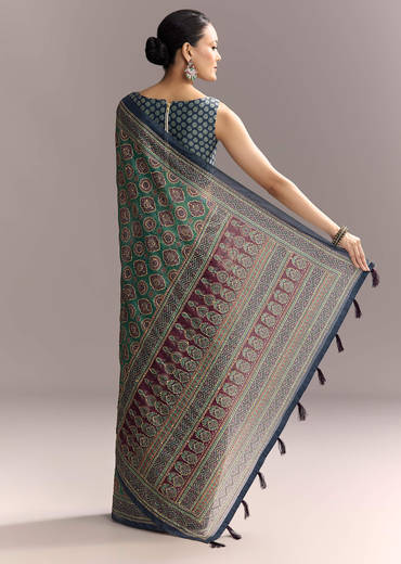 Green Linen Saree With Authentic Ajrakh Print And Indigo Border