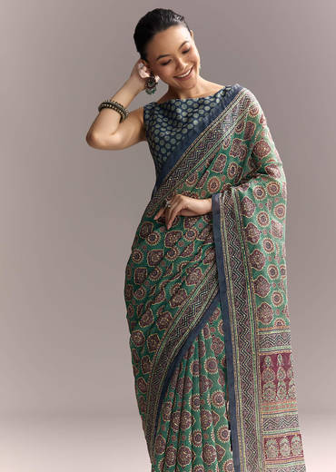 Green Linen Saree With Authentic Ajrakh Print And Indigo Border