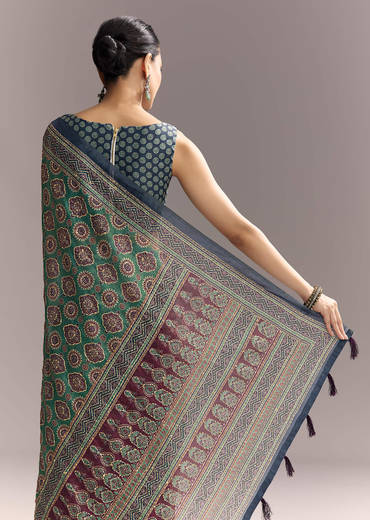 Green Linen Saree With Authentic Ajrakh Print And Indigo Border