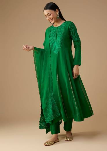 Green Mukaish Work Anarkali Set