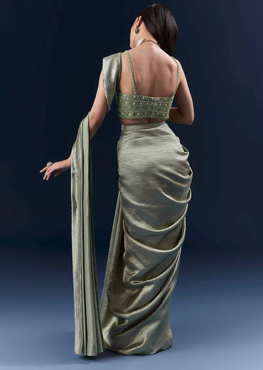 Green Net Ready Pleated Saree With Embroidery