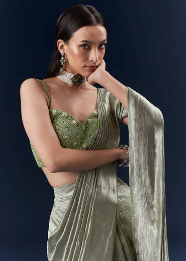 Green Net Ready Pleated Saree With Embroidery