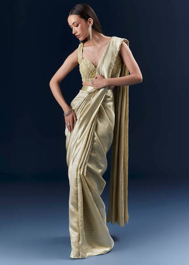 Green Net Ready Pleated Saree With Intricate Embroidery