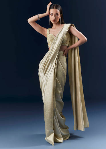 Green Net Ready Pleated Saree With Intricate Embroidery
