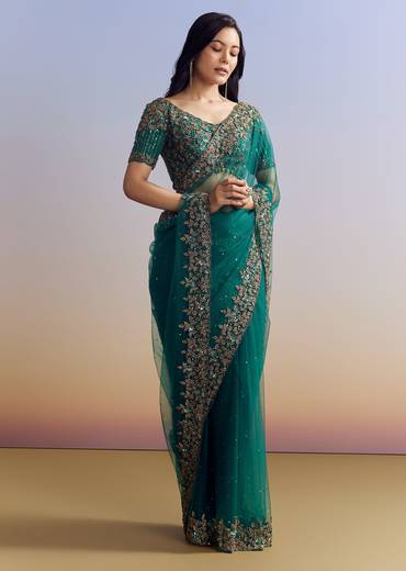 Green Net Saree Featuring Heavy Embroidered Border