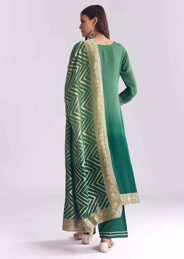 Green Ombre Georgette Kurta Set With Banarasi Weave