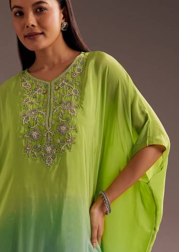 Green Ombre Zardosi Crepe Kaftan Kurta Dhoti Set