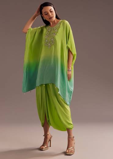 Green Ombre Zardosi Crepe Kaftan Kurta Dhoti Set