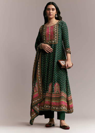 Green Printed Anarkali Set