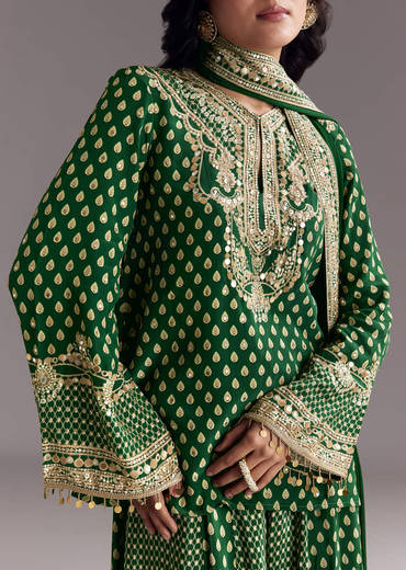 Green Printed Crepe Palazzo Set With Dupatta