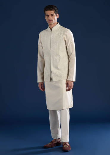 Green Raw Silk Jacket Kurta Set with Dori Work