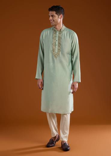 Green Resham Embroidered Mens Kurta Pant Set