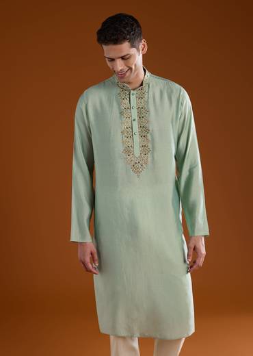 Green Resham Embroidered Mens Kurta Pant Set