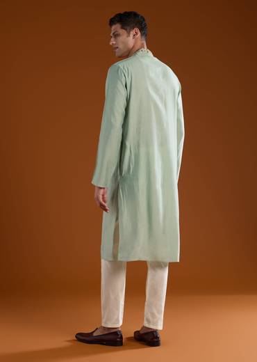 Green Resham Embroidered Mens Kurta Pant Set