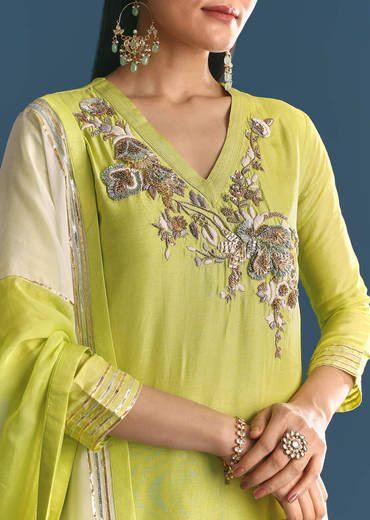Green Russian Silk Kurta Sharara Suit With Gotta Work