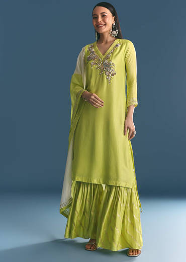 Green Russian Silk Kurta Sharara Suit With Gotta Work