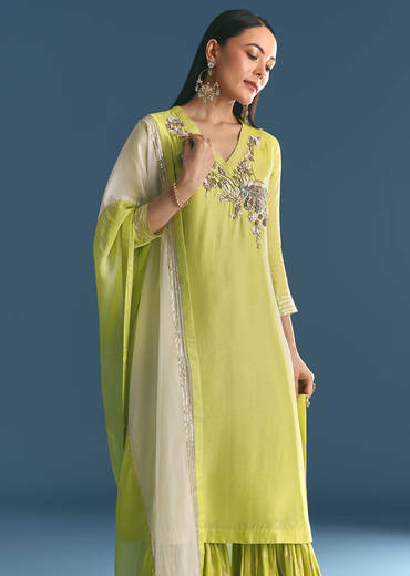 Green Russian Silk Kurta Sharara Suit With Gotta Work