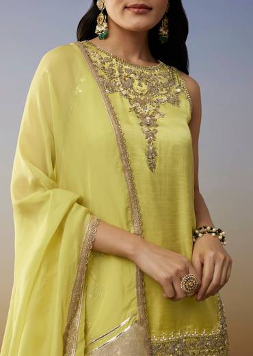 Green Satin Palazzo Suits with Beads Sequins Work