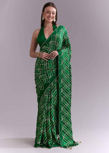 Green Satin Saree With Criss Cross Stripes And Zari Border