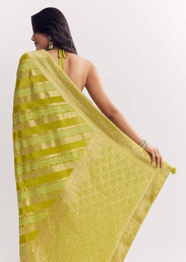 Green Satin Saree With Zari Vine Design