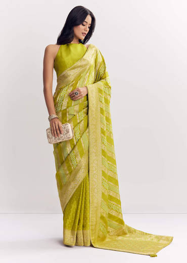 Green Satin Saree With Zari Vine Design
