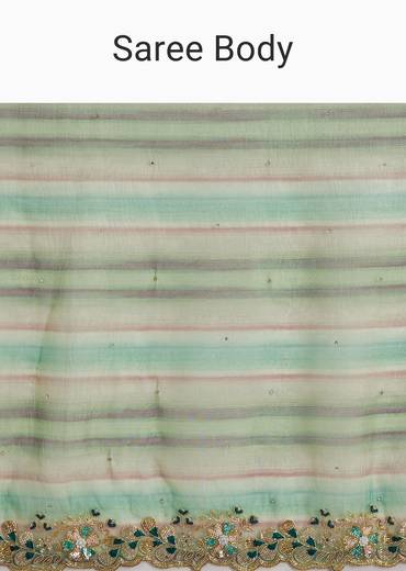 Green Shaded Tissue Saree With Cutdana Sequins And Beads Embroidery And Scallop Border