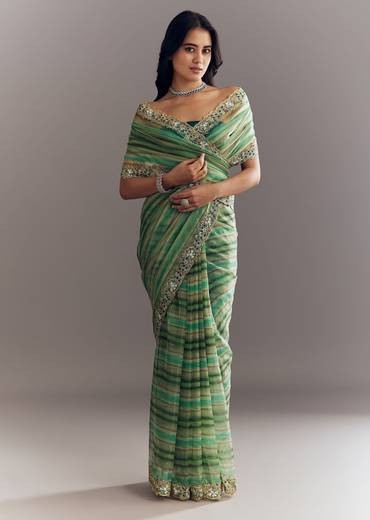 Green Shaded Tissue Saree With Cutdana Sequins And Beads Embroidery And Scallop Border