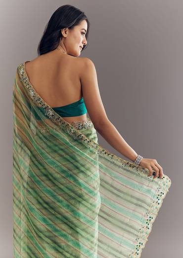 Green Shaded Tissue Saree With Cutdana Sequins And Beads Embroidery And Scallop Border