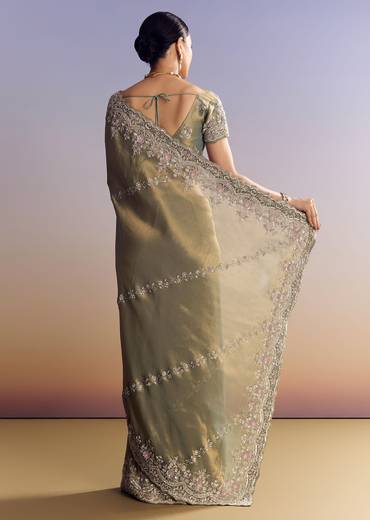 Green Shaded Tissue Saree With Embroidered Borders