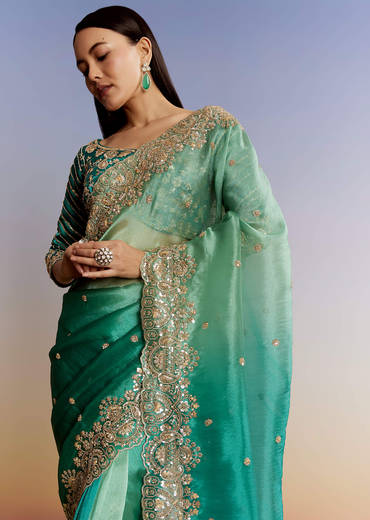 Green Shaded Tissue Saree With Floral Embroidery And Sequins Blouse