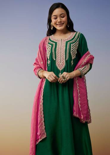 Green Silk Anarkali Suits with Moti and Sequins Work