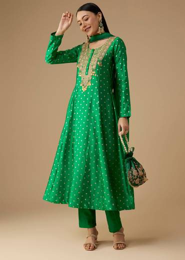 Green Silk Butti Work Anarkali Set