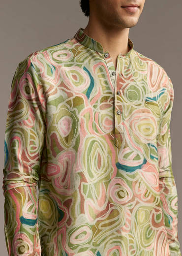 Green Silk Designer Kurta For Men With Abstract Print