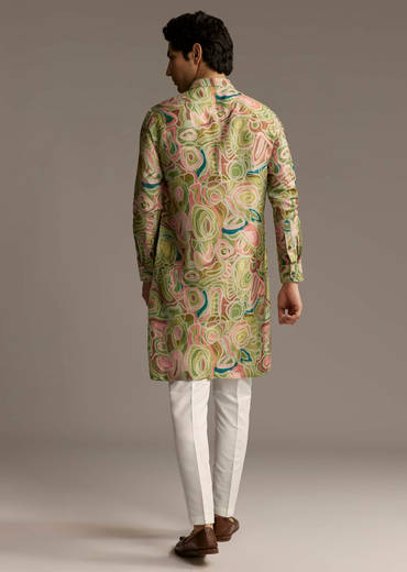 Green Silk Designer Kurta For Men With Abstract Print
