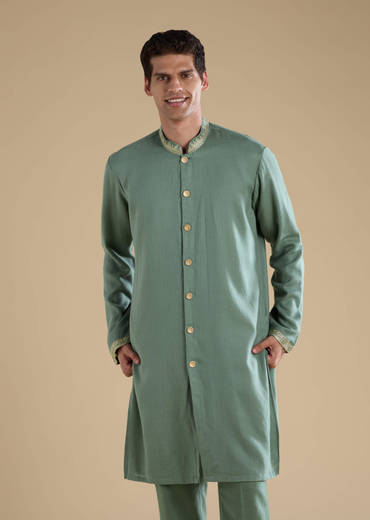 Green Silk Jacket Kurta Set with Resham Work